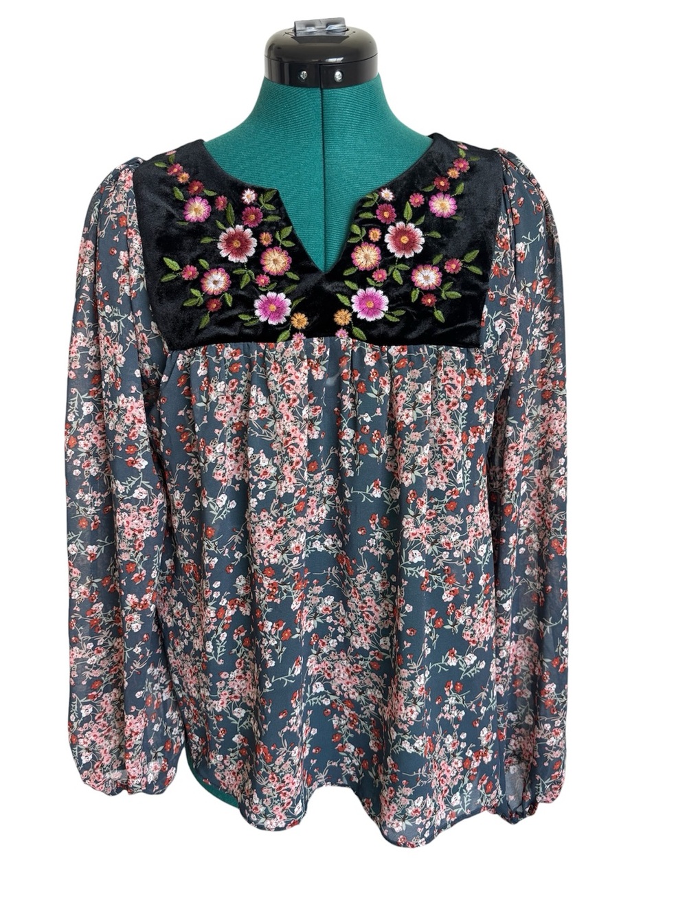 Umgee Floral Velvet Yoke Embroidered Peasant Blouse Semi Sheer